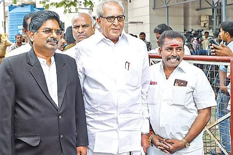 DMK Rajya Sabha nominees Advocate P Wilson (left) and LPF general secretary Shanmugham after calling on DMK