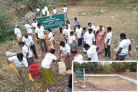 Workers removing trash from the tank in  Thanjavur on Saturday (Inset) The cleaned tank