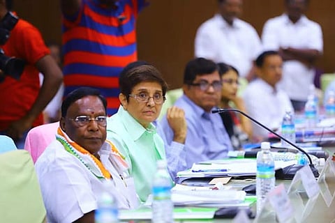 Lt. Governor Kiran Bedi and Puducherry CM V Narayanasamy at State Planning Board meeting on Saturday