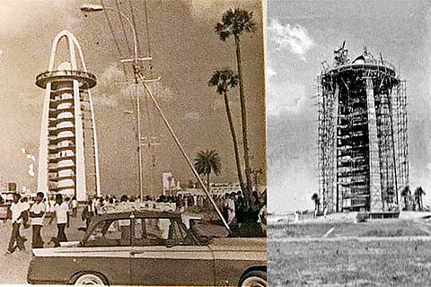 The Panchsheel or Visvesvaraya Tower during and after construction