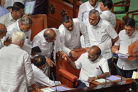 Karnataka CM HD Kumaraswamy and his deputy G Parameshwara with other members during Assembly session