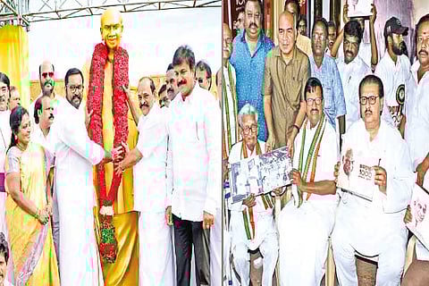 AISMK leader R Sarathkumar garlanding the statue of the late CM  K Kamaraj