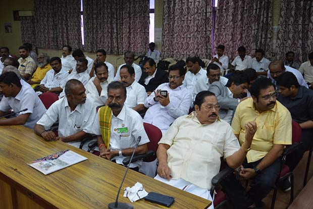 The DMK delegation at the Collectorate during the scrutiny of the nominations  in Vellore on Friday