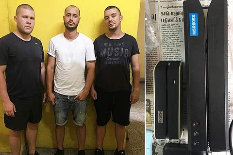 The arrested trio (top); devices seized from them