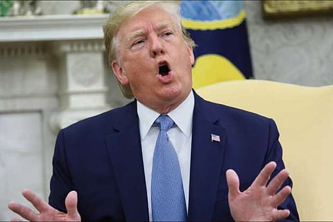 US President Trump talks with reporters while meeting with Pakistan?s Prime Minister Khan