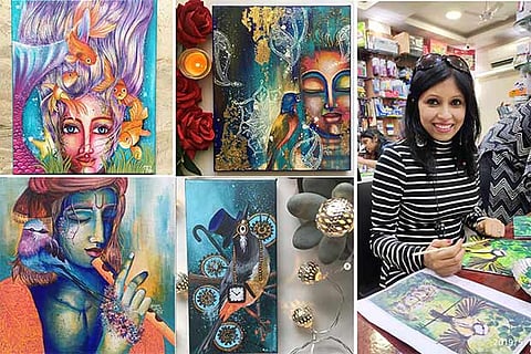 Above: Some of the artworks by Shilpa, inspired by nature and animals, (R) Shilpa during an acrylic workshop