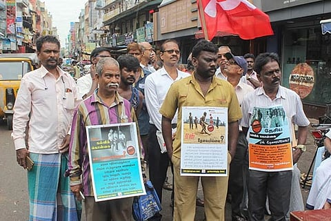 Members of Communist party stage a demonstration against the draft National Education Policy at  Flower Bazaar
