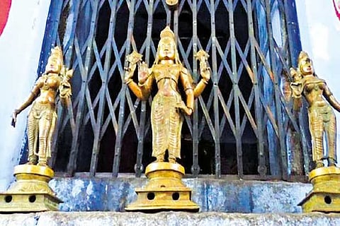 The panchaloha idols of Lord Perumal, Goddess Sridevi and Bhoodevi that were found near Kariamanikka Perumal