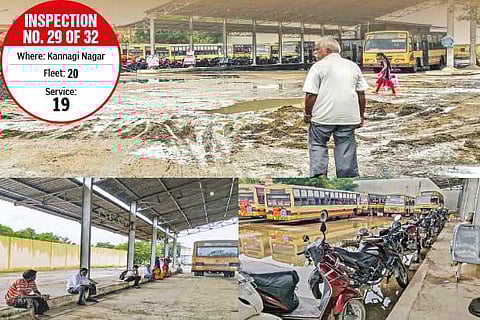 Kannagi Nagar terminus after a spell of rain; two-wheelers parked; passengers sitting on the floor of the bus