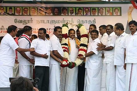 Chief Minister being welcomed by party members while campaigning for NDA candidate AC Shanmugam at KV Kuppam