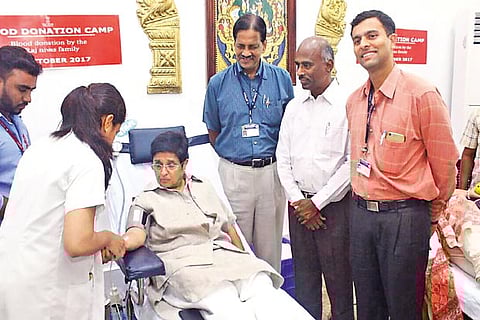 Lt Governor Kiran Bedi donates blood as part of an awareness programme  in Puducherry on Friday