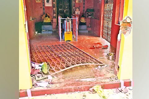 The temple damaged by the elephant herd in  The Nilgiris on Monday night