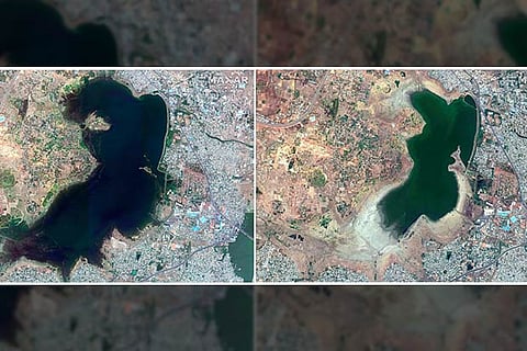 Satellite images of Puzhal reservoir in Chennai on June 2018 (L) and April 2019 (R)