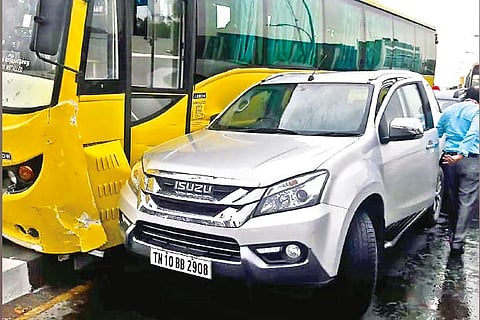 Two cars rammed the college bus after it crashed into the median