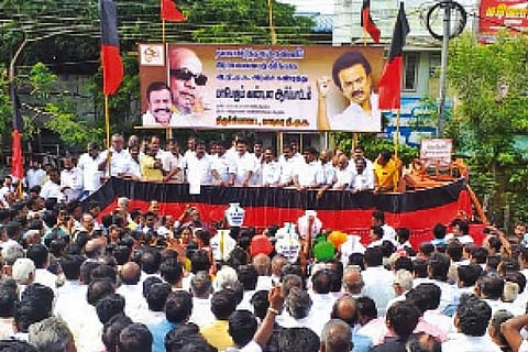 Nehru at a protest in Tiruchy on Saturday