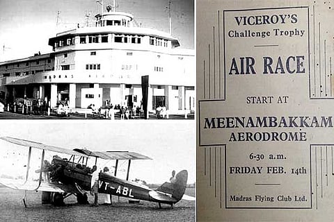 Madras airport in its initial years; a poster announcing an air race; and a plane