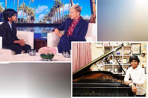 Lydian at The Ellen DeGeneres Show; (R) Posing with his favourite piano (Photo: Justin George)
