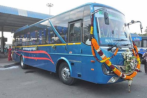 The TNSTC bus with improved facilities, including AC, plush seats and speakers, that was inaugurated