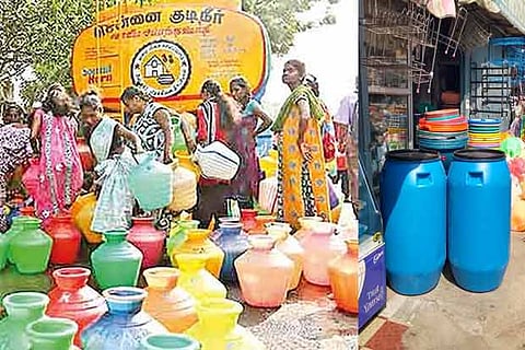People filing water from a tanker (file photo); Drums lined up for sale