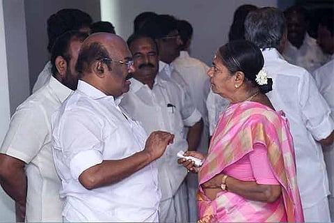 Senior AIADMK leaders from the city D Jayakumar and Valarmathi in a deep discussion at the party