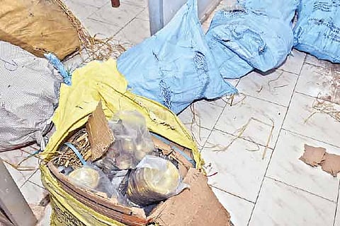 Gunny bags with lamps recovered in Thanjavur on Thursday