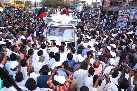 Udhayanidhi Stalin campaigning for DMK alliance candidate Kadir Anand in Vellore on Thursday