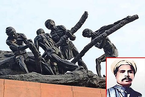 Triumph of Labour statue by Debi Prasad Roy Chowdhury and (inset) M Singaravelu Chettiar