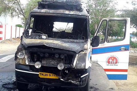 Remains of the vehicle, which caught fire near Aravakurichi on Tuesday