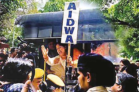 Members of All India Democratic Women?s Association protest outside Supreme Court on Tuesday