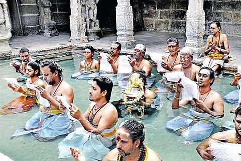 A file photo of priests performing ?varuna jabam? in a temple