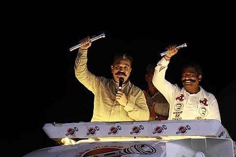 MNM president Kamal Haasan campaigning for his party candidate S Mohanraj at Aravakurichi on Thursday