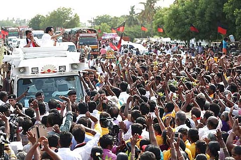 DMK president MK Stalin campaigning for party candidate Senthil Balaji in Aravakurichi on Friday