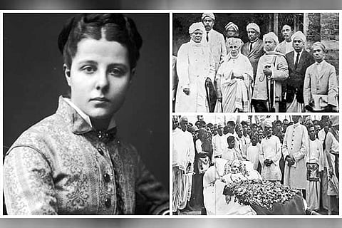 Annie Besant with members of the Congress; people gathered at her funeral