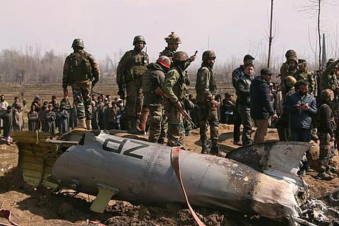 Wreckage of an IAF craft after it crashed in Budgam district in Kashmir on Feb 27