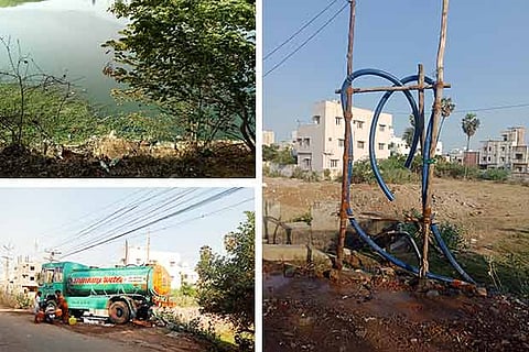 Medavakkam lake (top);  a lorry extracting water (bottam); temporary pipes (R)