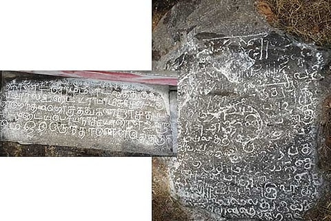 The centuries-old stone inscriptions spotted on a temple wall at Erumbur village in the district