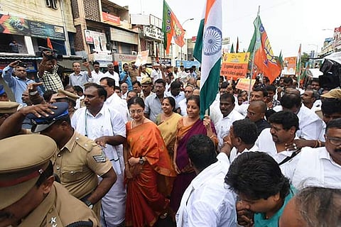 Union Minister Nirmala Sitharaman with actress Gautami join a BJP rally in Chennai on Thursday