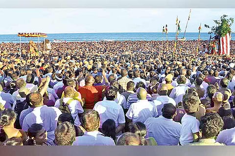 Scores of devotees take part in the ?Soorasamharam? celebrations on Tiruchendur beach on Saturday evening