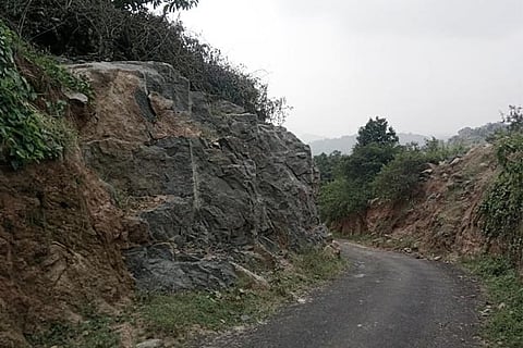 A road blasted through tough rock on way to Koneri kudisai from Nammaiampattu
