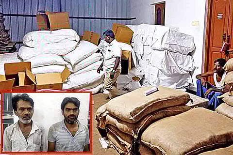 The banned tobacco products stocked in the godown in Coimbatore; (inset) the accused