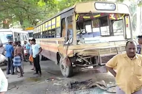 Mangled remains of the bus that was involved in the accident