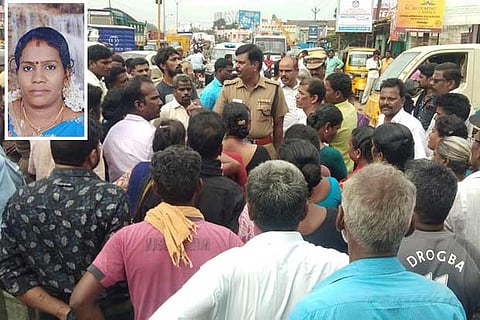 Residents stage a protest blaming Tangedco for the incident; (inset) R Kaveri