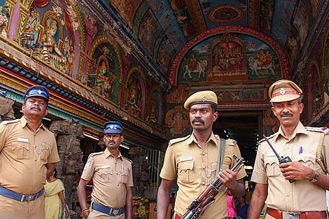 Security personnel deployed in the temple premises following a hoax bomb threat on Thursday