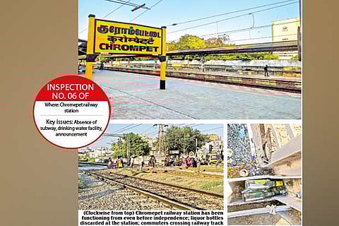 Chromepet railway station; liquor bottles discarded at the station; commuters crossing railway track
