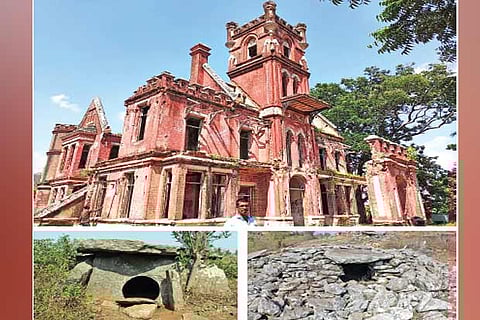 Ruins of the French Chateau built in 1750s; a dwelling built hundreds of years ago; a megalithic burial site