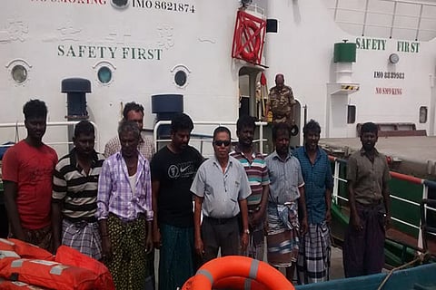Some of the rescued crew members at Thoothukudi old port on Wednesday