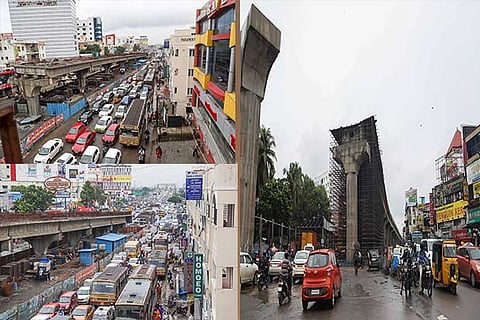 The traffic block at Vijayanagar junction (above); a pillar of the incomplete flyover