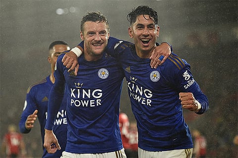 Jamie Vardy (left) and Ayoze Perez (right) struck a hat-trick as Leicester City crushed a hapless Southampton