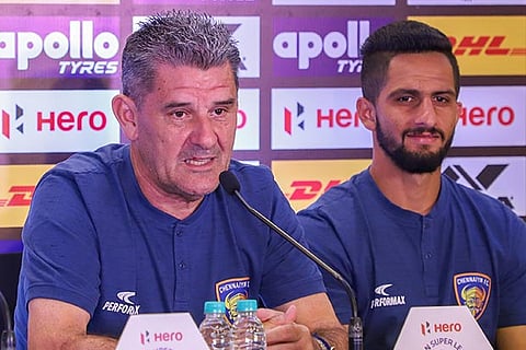 CFC head coach Gregory (left) and goalkeeper Kaith during the pre-match presser (Photo: V Naresh Kumar)