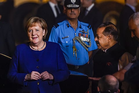 German Chancellor Angela Merkel arrives in Delhi